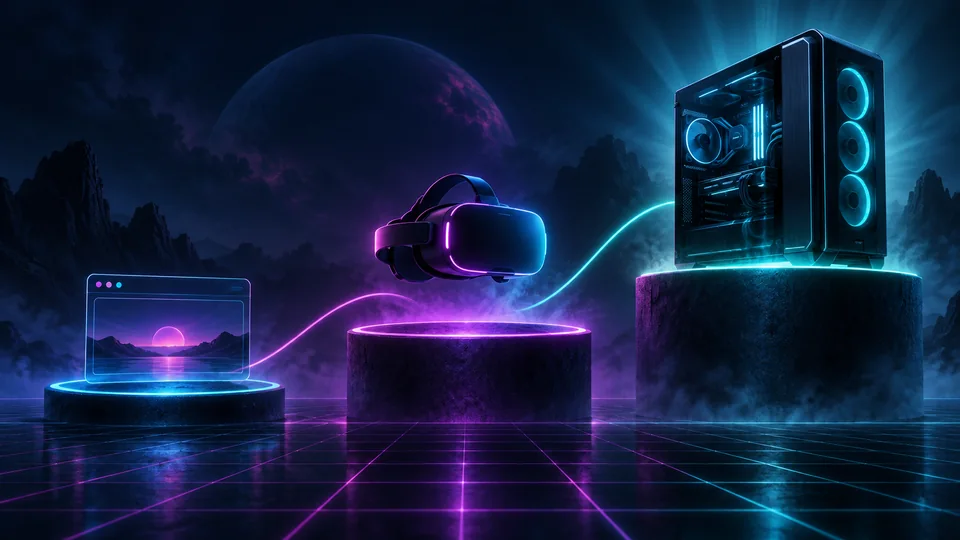 Stylized dark illustration of three adult VR tiers: browser play, standalone headset, and PC-powered simulation